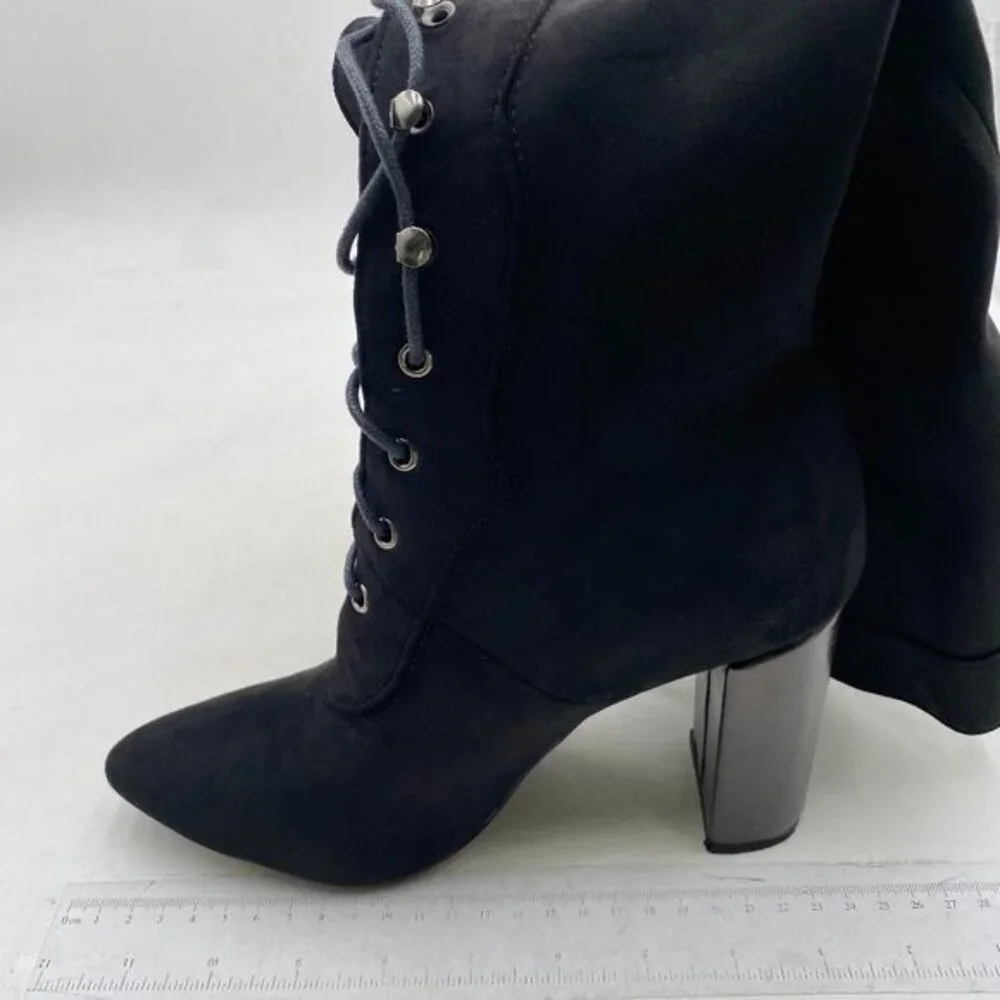 Black Women Vintage Knee High Chunky Heel Boots Lace-up Suede Calf-High Booties
